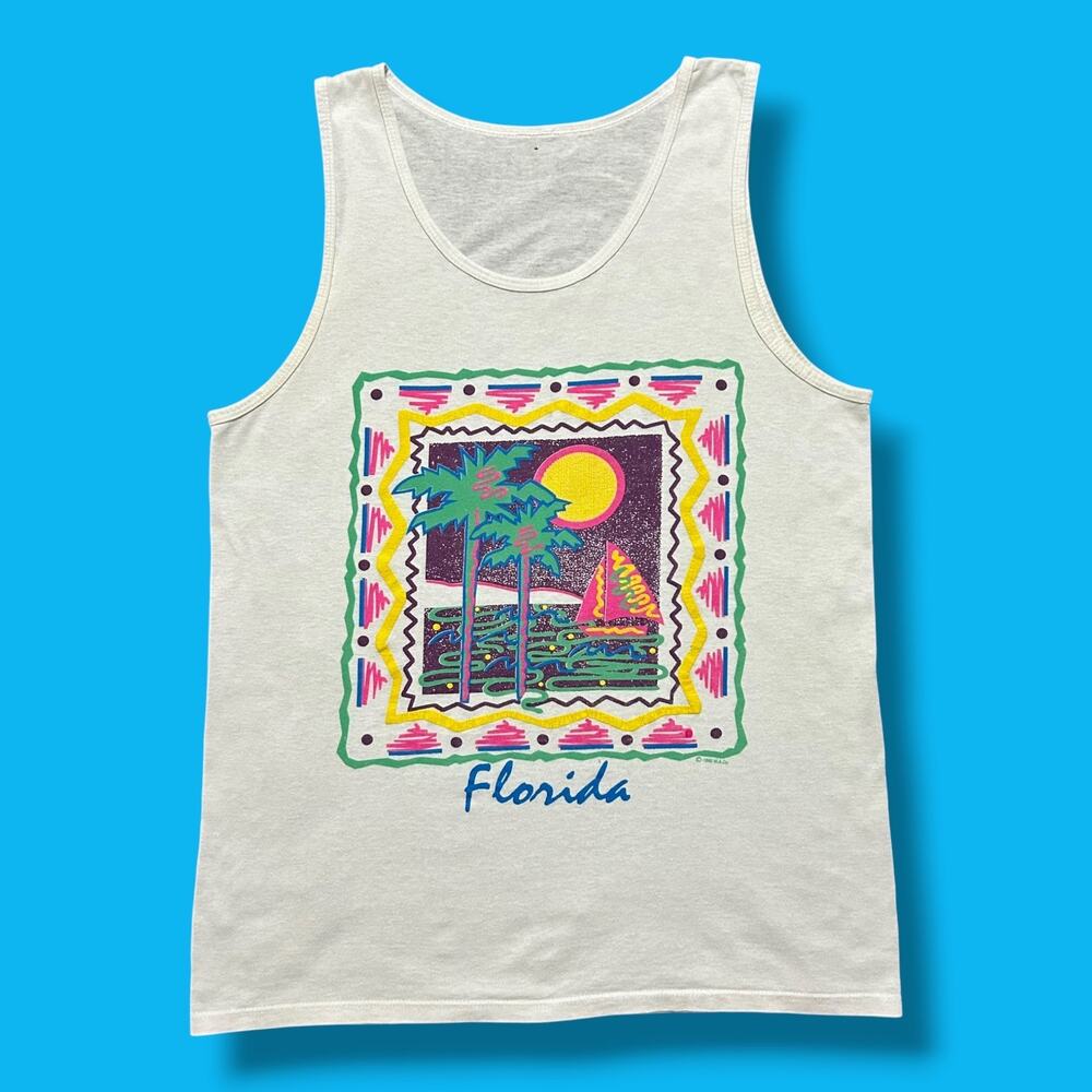 Vintage Florida Tank Top 90s Shirt Sleeveless Graphic Tee White Medium Beach Art